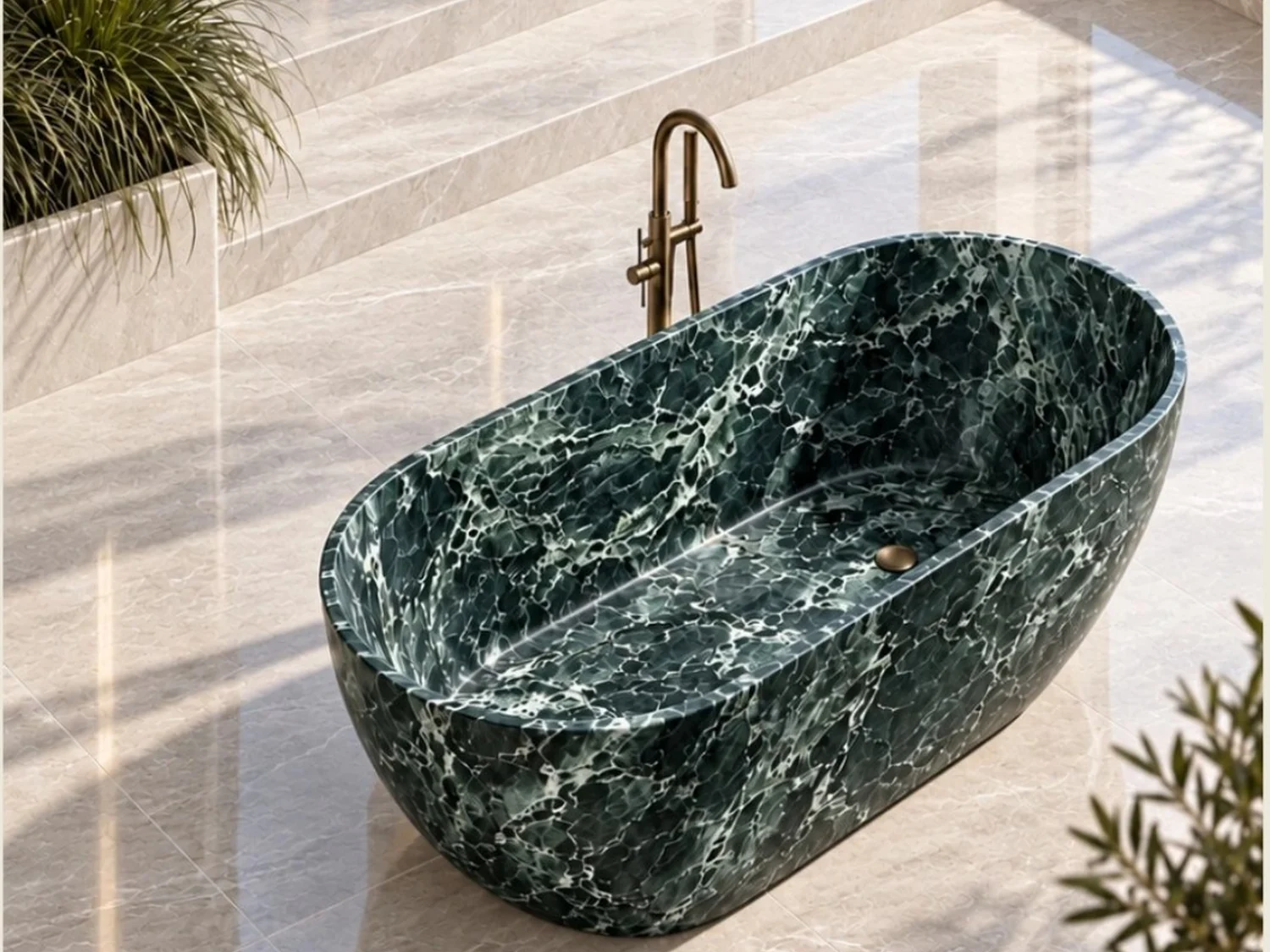 Marble-inspired freestanding bathtub in a contemporary bathroom