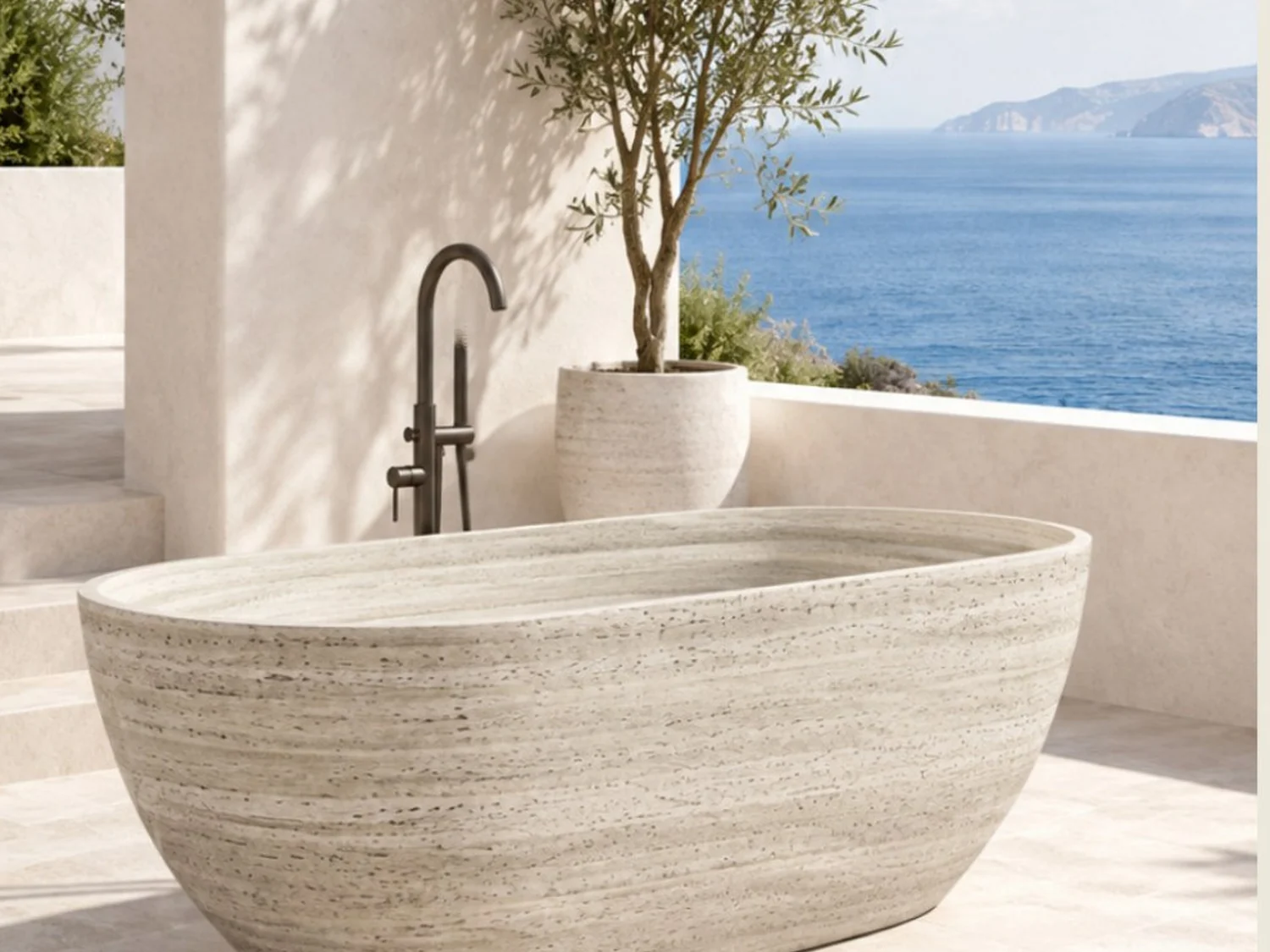 Travertine bathtub on a bright terrace overlooking the sea