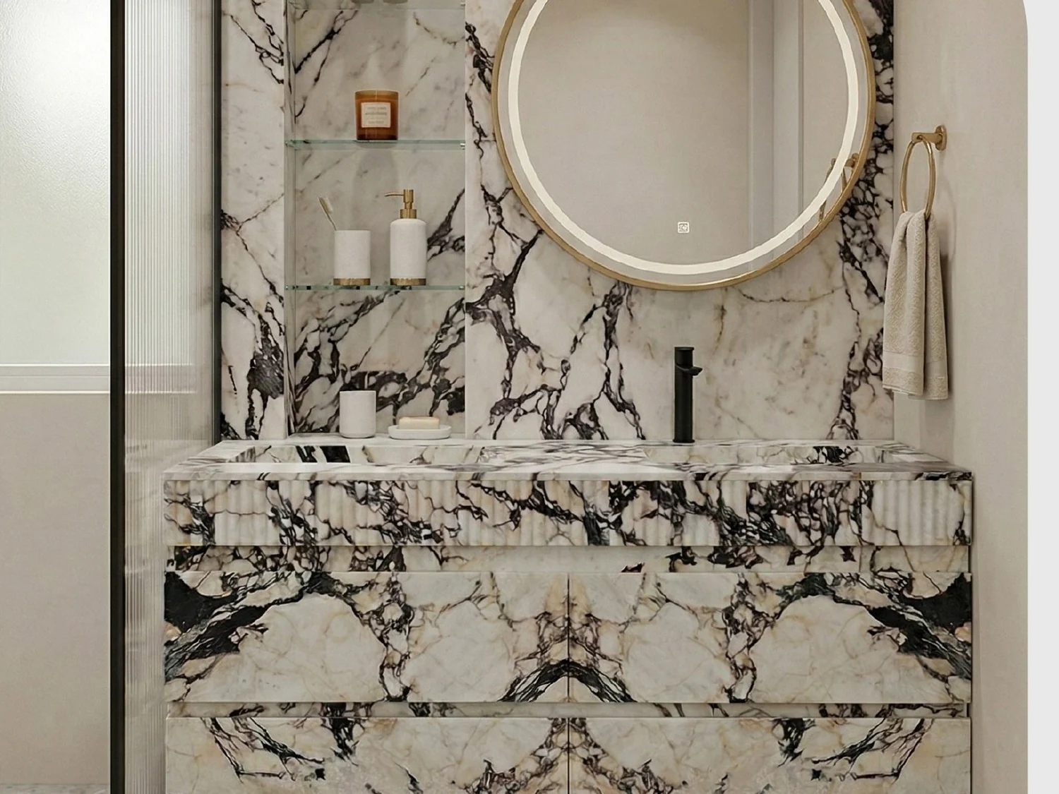 Natural marble vanity in a bright elegant bathroom