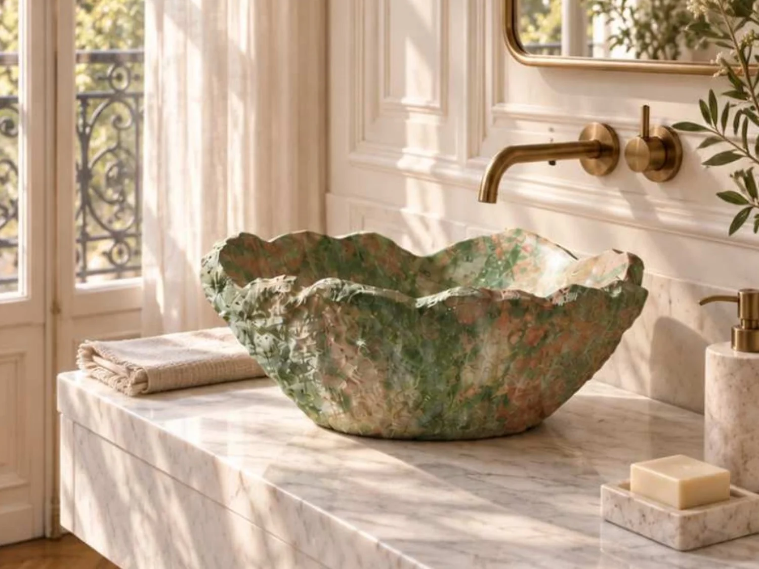 Sculptural green natural stone vessel basin on a marble counter