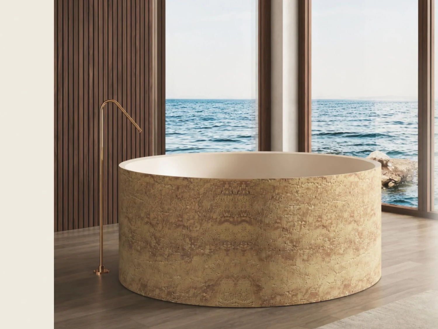 Travertine bathtub in a bright coastal bathroom