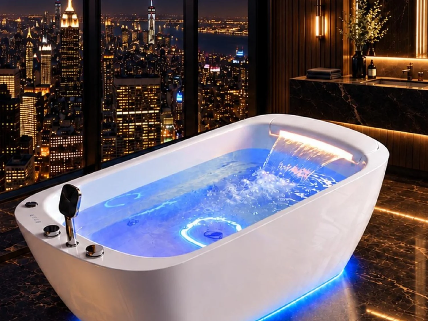 Whirlpool bathtub in an evening city-view bathroom